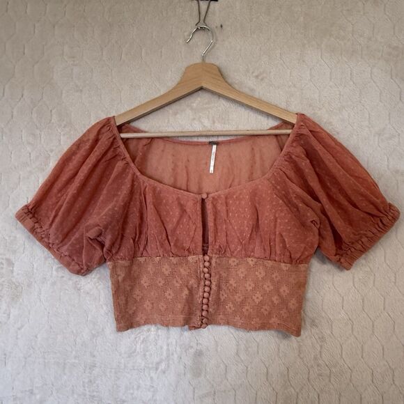 Free People Heartstrings Summer Puff Sleeve Crop Top Peach Sz XS - Picture 8 of 11